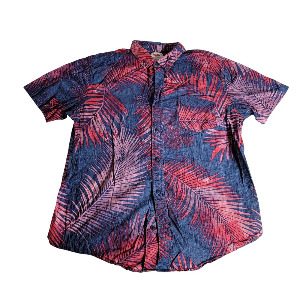Levi Strauss Mens Large Short Sleeve Button Down Tropical Palm Leaf Shirt Blue